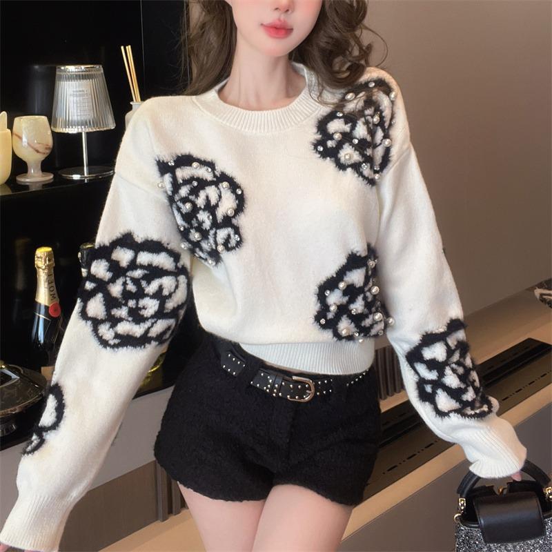Flower Jacquard Pearl Women's Sweater Round Neck Pullover Knitted Sweaters Korean Autumn Winter New Loose Woman Top