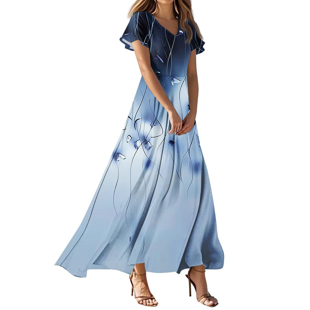 Women Casual Fashion Dress V Neck Short Sleeve Floral Print Maxi Dress Lightweight Summer Dress for Daily Wear