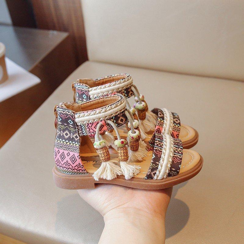 Girls Gladiator Sandals Princess Sweet Kids Beach Shoes Kids Summer Retro Ethnic Traditional Tassels Soft Back