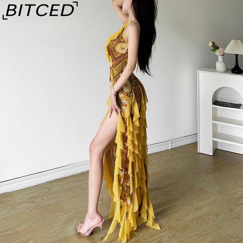 BITCED Sommer Sexy Rüschen Resort-Stil Neckholder Kleid für Frauen