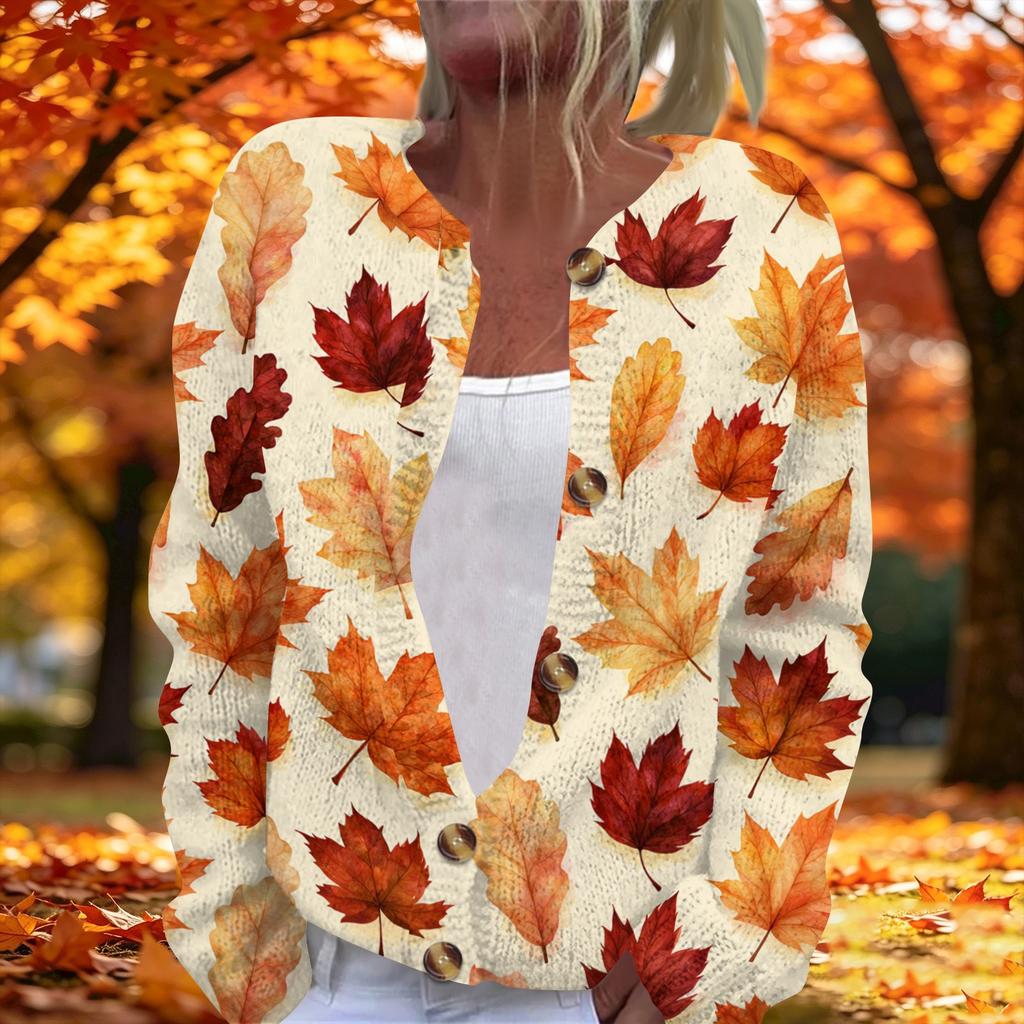 Women's fashionable maple leaf printed long-sleeved knitted cardigan with buttons