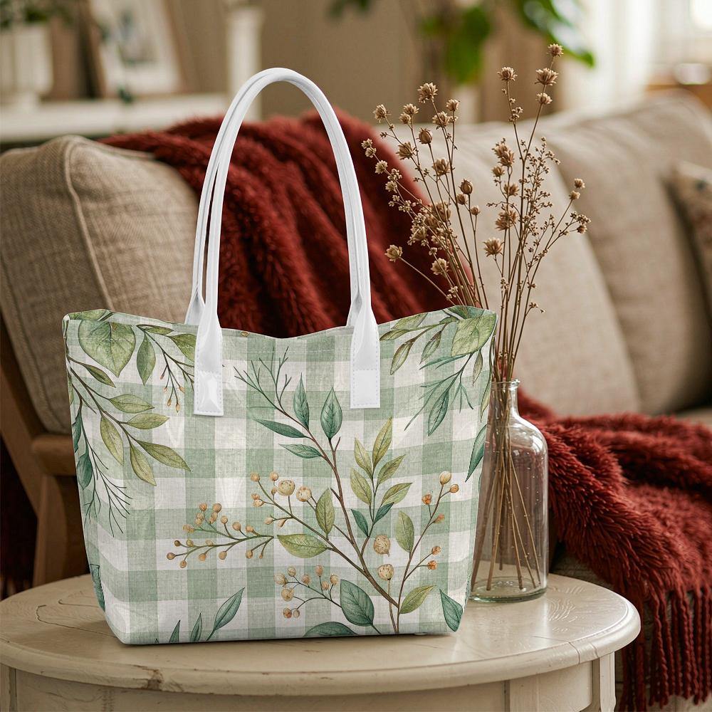 Green Plaid Leaf Print Tote Bag Fashion Large Capacity Daily Commute Casual Handbag for Women