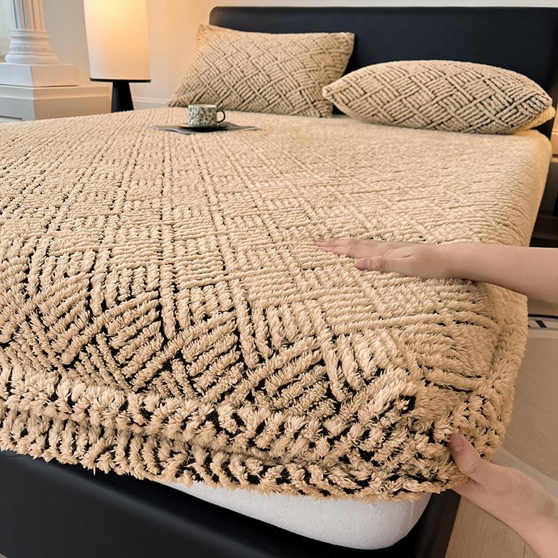 Bed Sheet with Elastic Band Single/Queen/King Fitted Sheet Mattress Cover Winter Warm Coral Fleece Fitted Bed Sheets for Bed