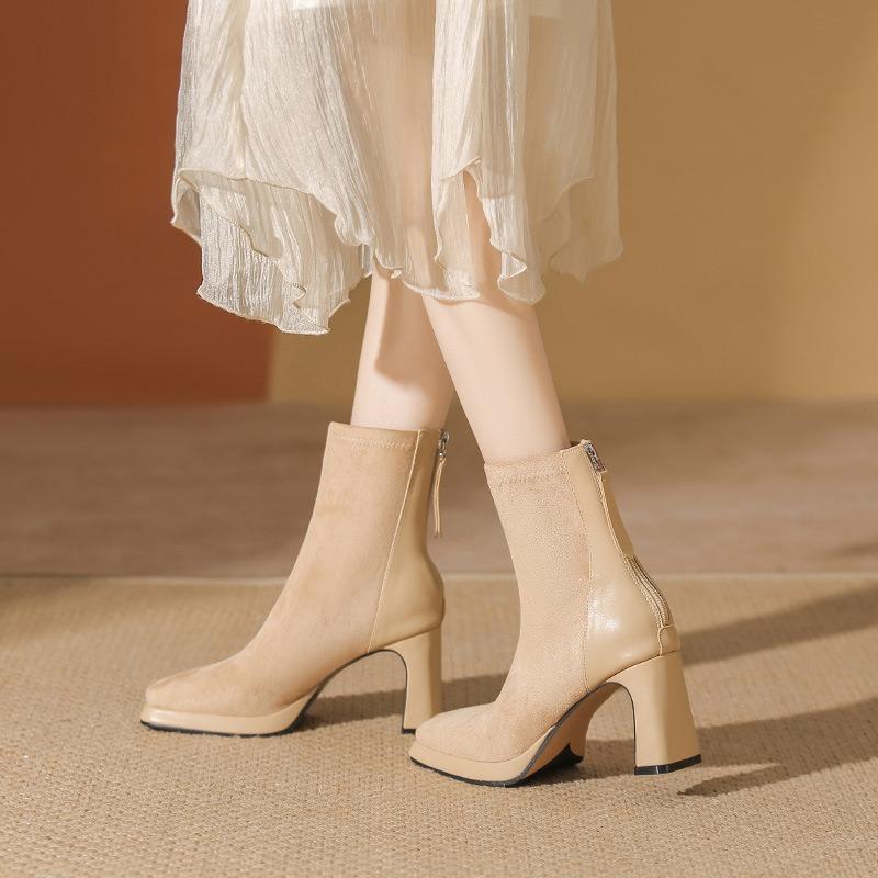 Waterproof table high heels autumn and winter new suede short boots thick heel thin boots black square head short boots women
