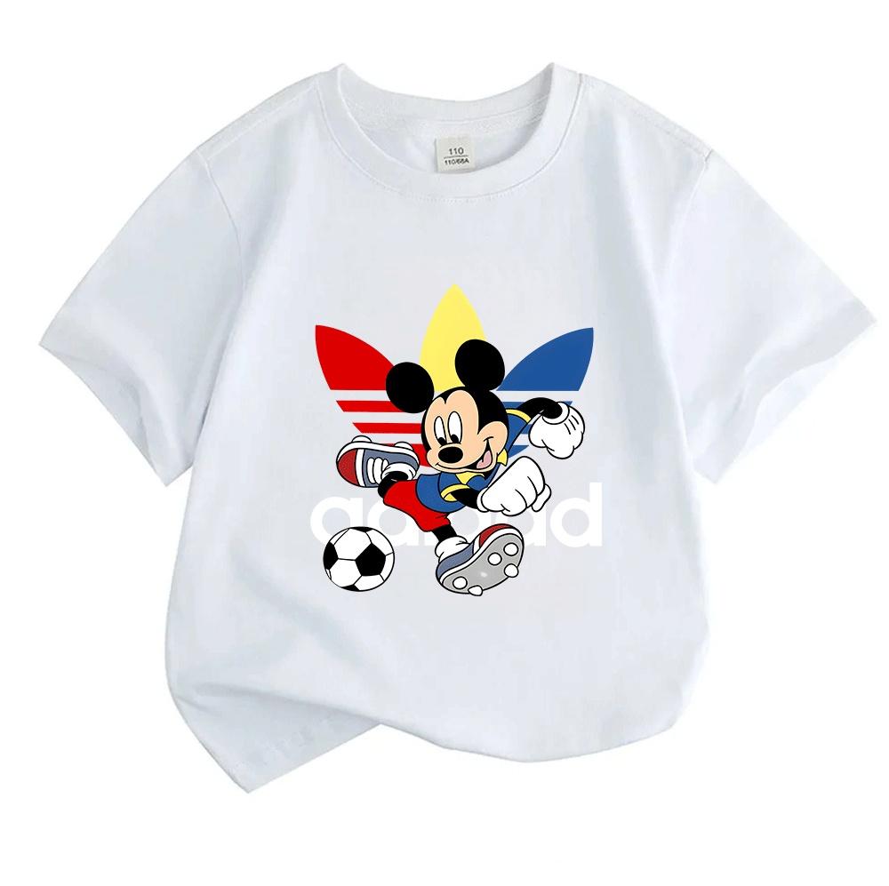 Kids Boys Girls 100% Cotton Crew Neck Short Sleeve T-Shirt, Cute Cartoon Football Playing Mouse Print Casual Soft Breathable Summer Top for Children D