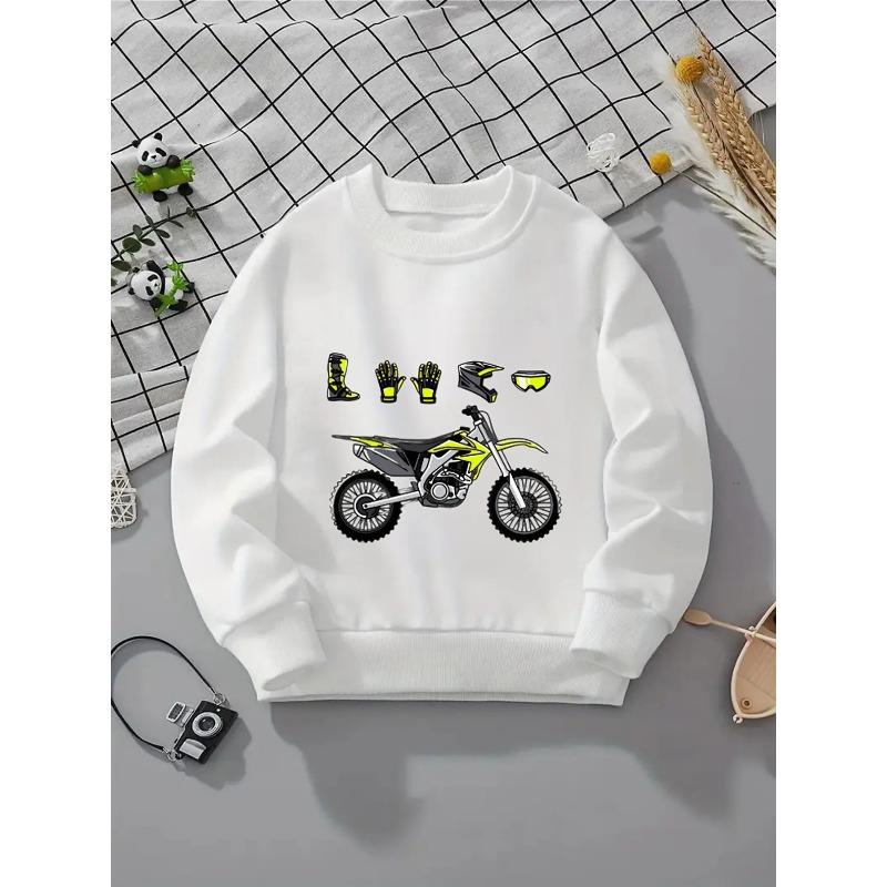 Girls' Crewneck Sweatshirt - Yellow And Black Motocross Design Machine Washable, Spring And Autumn, Sportswear And Casual Wear, Soft And Comfortable