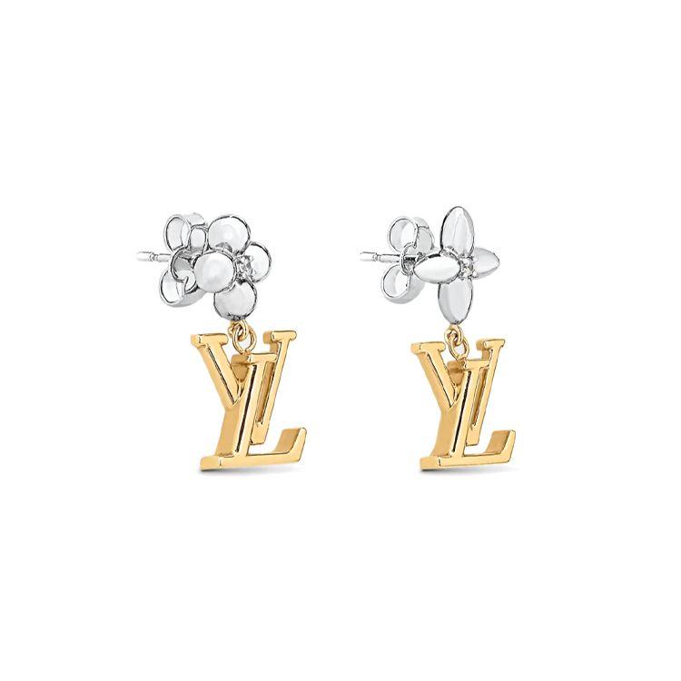 Louis Vuitton Ikonischer Blumen-Initialen-Anhänger Muster Zirkon Ohrringe Damenohrringe Gold M01287