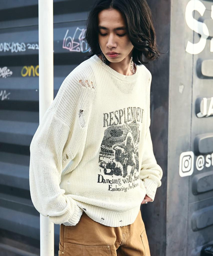 WEGO Graphic Distressed Knit Pullover Size Gift Men's Top, M, Off-White, Unisex, Streetwear, Casual, Spring, Autumn, Winter,