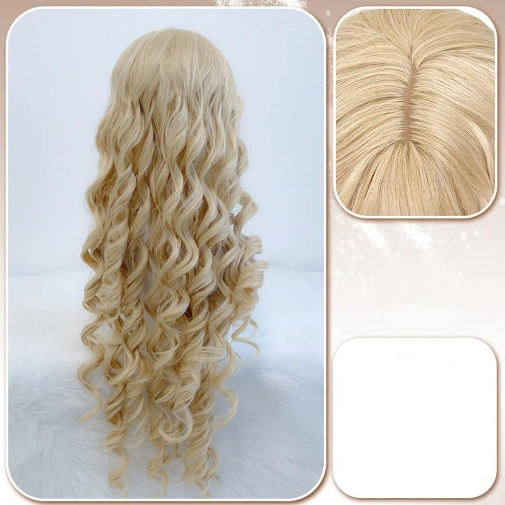 Harajuku Long Blonde Cosplay Wig 28inch Lolita Wig with Bangs Princess Curly Wavy Wig Carnival