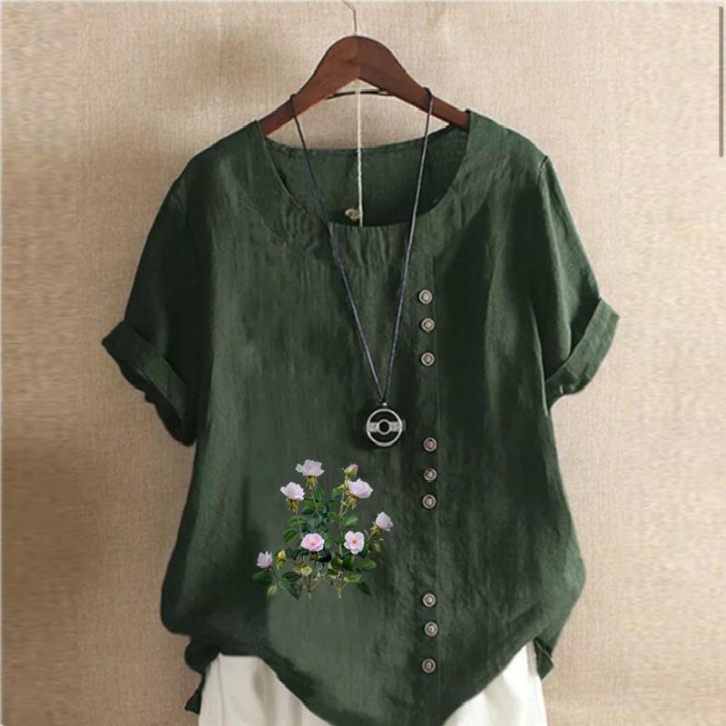 Women's Fashion Flower Prined Round Neck Short Sleeve T-shirt Casual Cotton Linen Graphic Shirt Leisure Loose Summer Blouse Tops