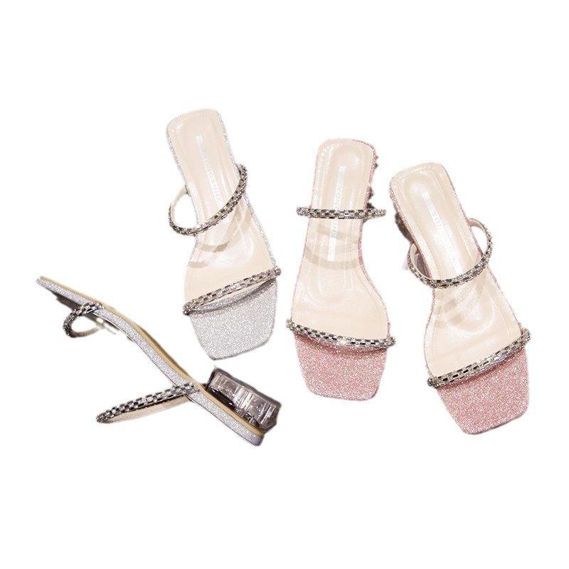 2025 new slippers female summer wear thick heel fashion fairy wind cool slippers medium heel rhinestone low heel one-word drag