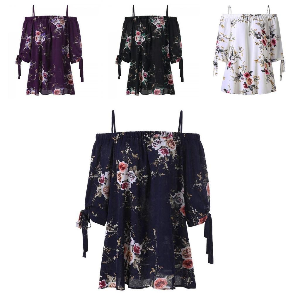 Fashion Womens Plus Size Floral Print Cold Blouse Camis Casual Shoulder Tops For Summer