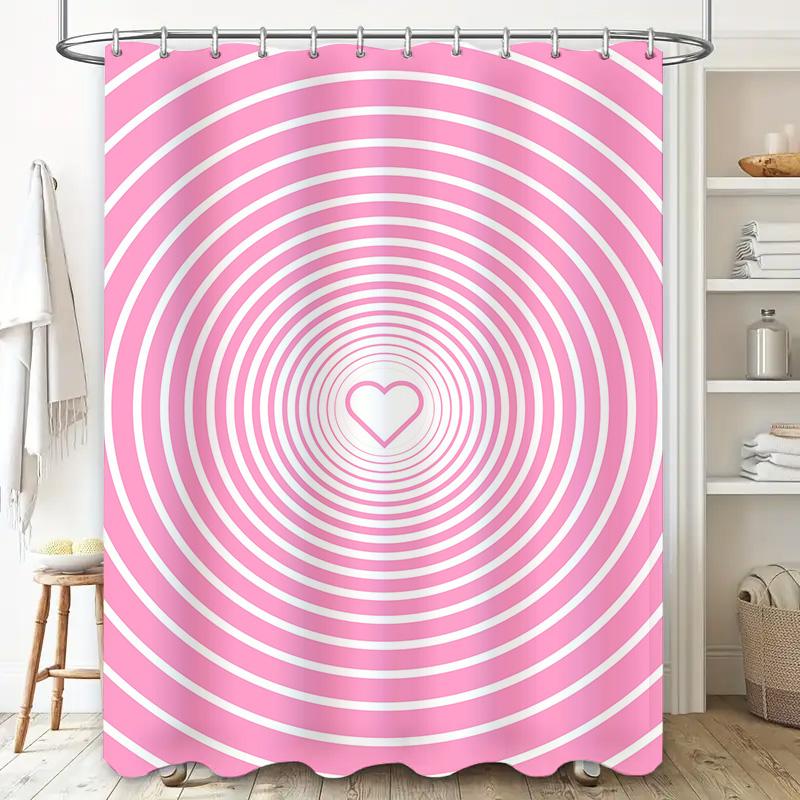 Pink Circular Shower Curtain: Eye-Catching Bathroom Decoration With White Lines Heart Design For Home Decor (Set 48X72) Availabl