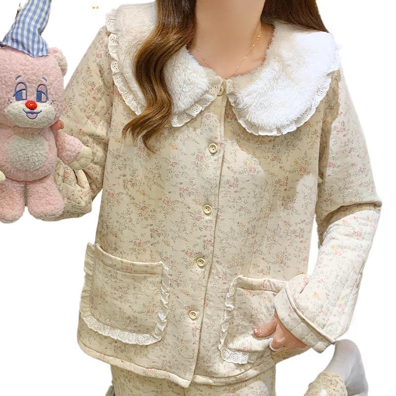 Wumida's new autumn and winter interlayer pajamas women's warm air cotton pastoral floral long-sleeved loungewear set