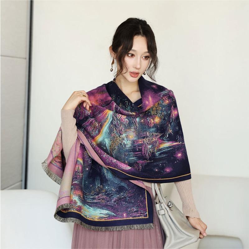 Dream World oil painting scarf women's autumn and winter new imitation cashmere shawl temperament with warm shawl scarf