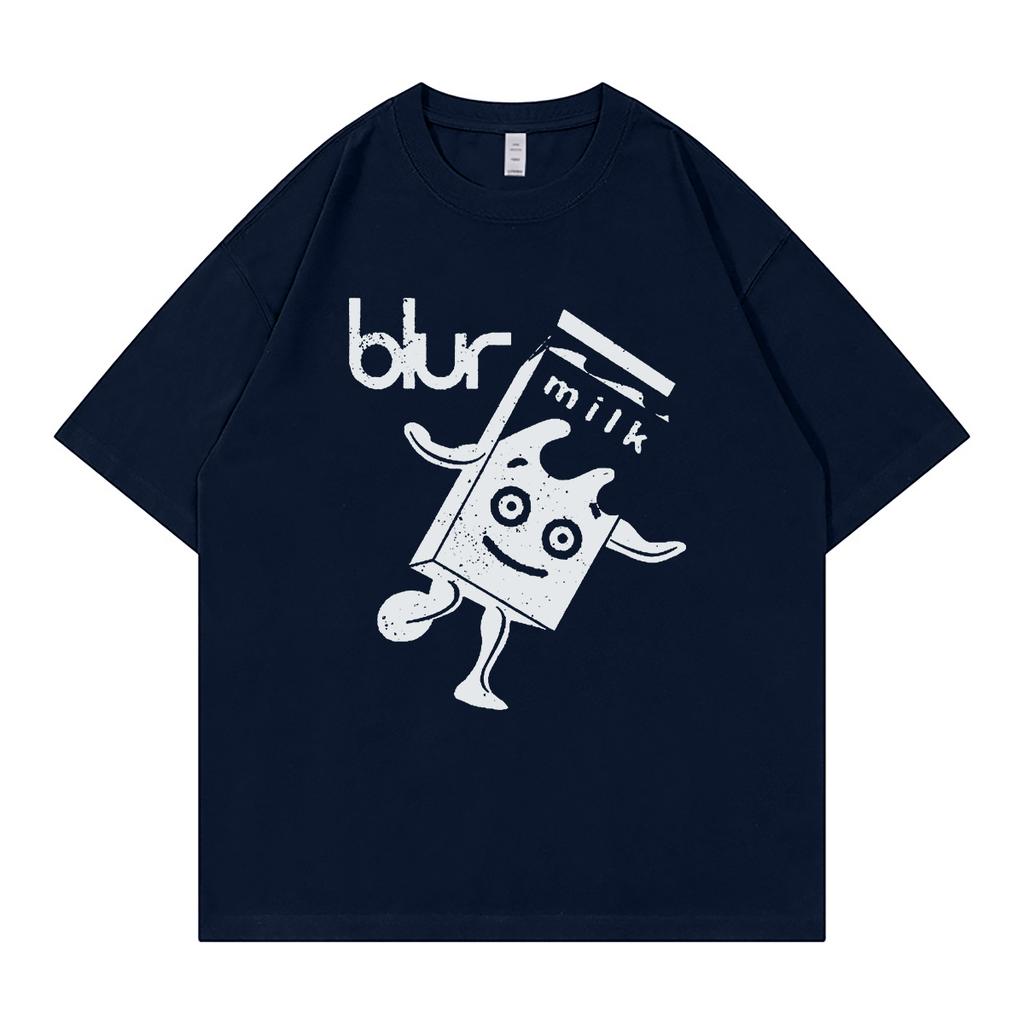 Blue Loose Fit Round Neck Short Sleeve Tshirt By Blur Band Digital Direct Print Cute Milk Box Design Breathable Cotton Rock