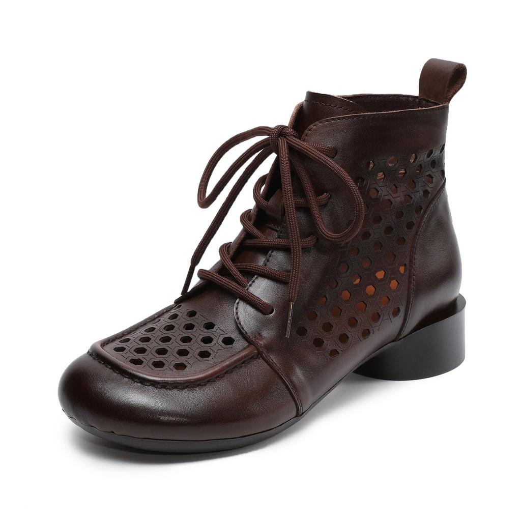 Johnature Жіночі черевики з натуральної шкіри, ретро, на товстому підборі, з вирізами, низький каблук, дихаючі
