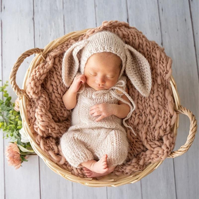 Baby Fotografie Kostüm für Säugling Hasenohren Hut Hosenträgerhose Neugeborene Fotoanzug Säugling Hautfreundliche Fotobekleidung