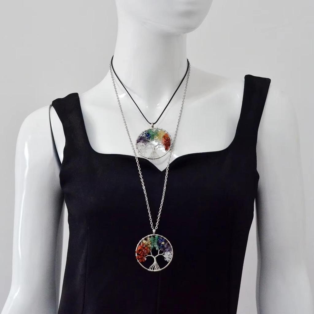 Cross-Border Natural Jade Tree of Life Necklace with Seven-Colored Crushed Stone Crystals