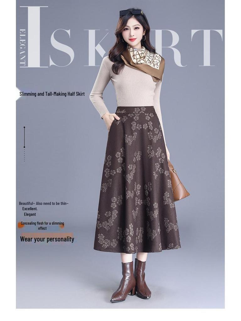 2025 Spring A-Line Skirt: Wool Front, Lace Back, Half-Elastic Waist, Long Skirt.