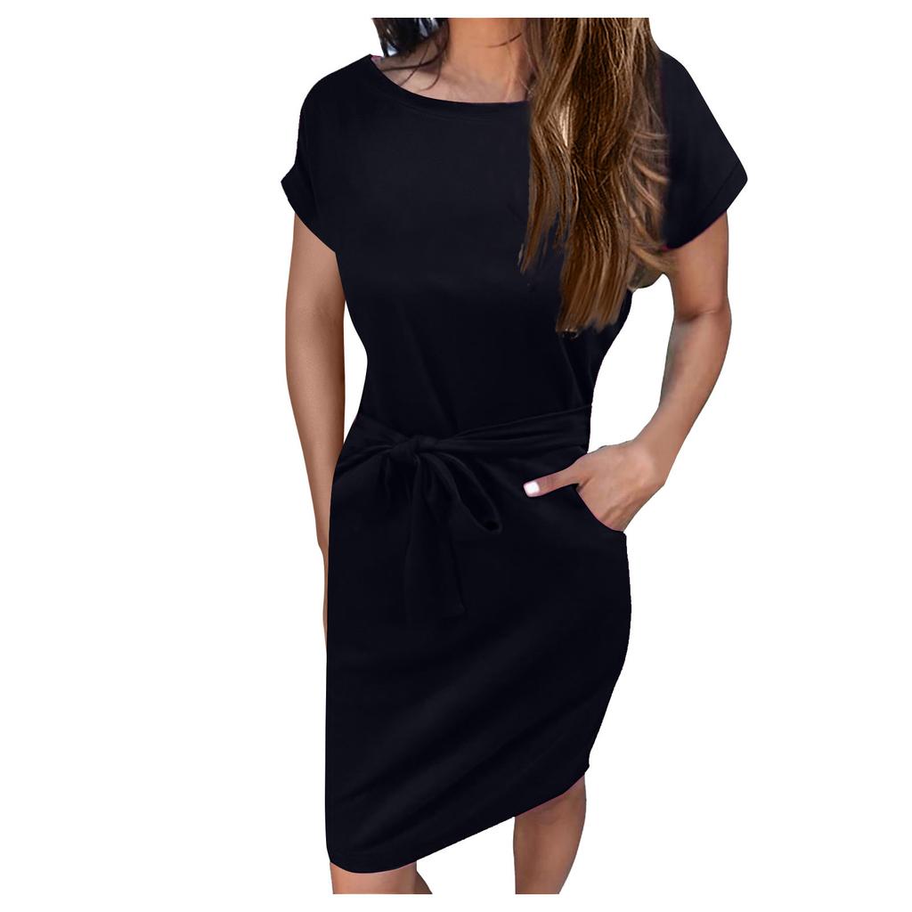 Women's Fashion Summer Color Crewneck Short Sleeve Lace-up Pocket Dress