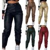Damen-Jeans aus Kunstleder, glatt, weich, atmungsaktiv, hohe elastische Taille, Knöcheltaschen, Reißverschluss, Knopfverschluss, schmale Passform, Motorradhose