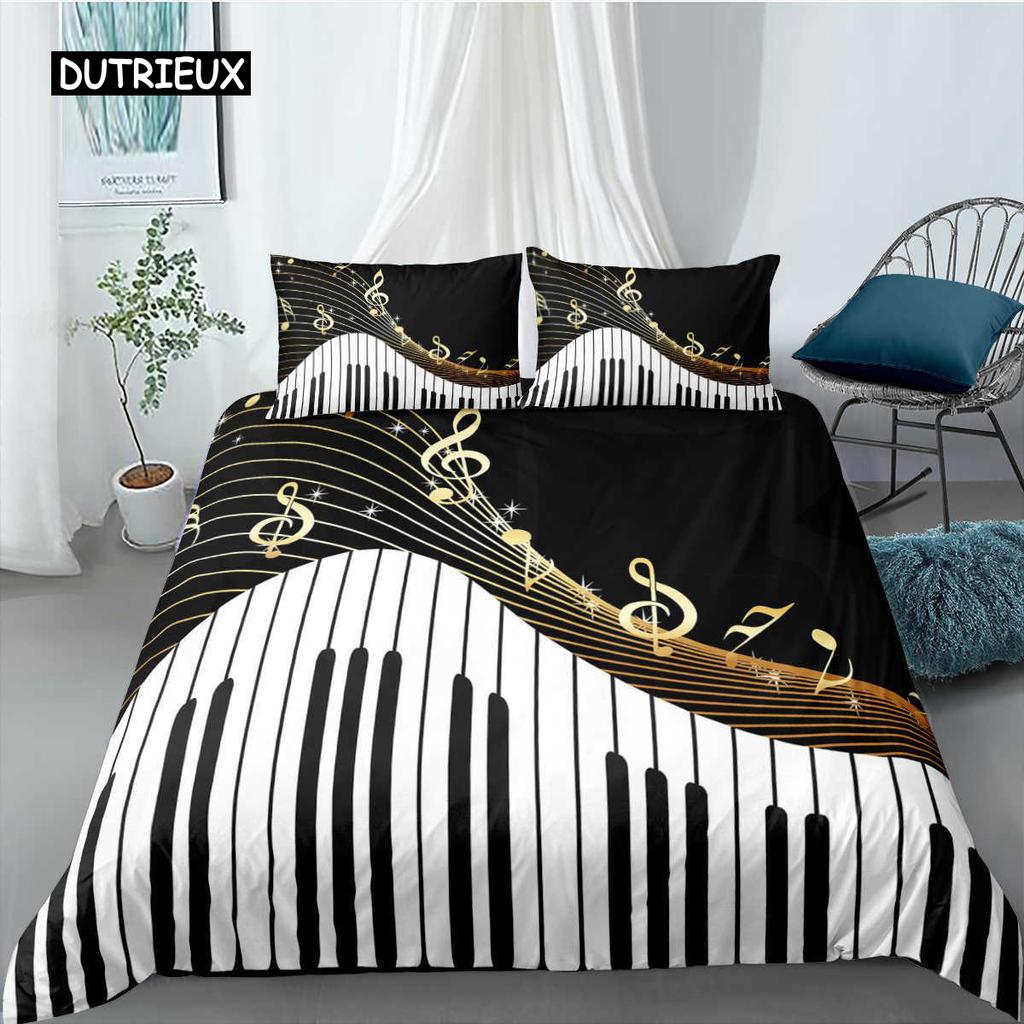 Piano Duvet Cover Set Black Piano Keyboard Music Note Kids Bedding Set Music Theme King Size 2/3pcs Soft Twin Comforter Cover