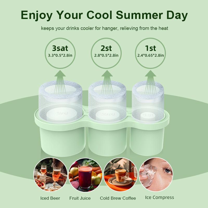 3-Grid Ice Cube Tray Reusable Cylinder Silicone Ice Cube Molds With Lid For Drink Juice Coffee For Stanley 30/40 Oz Tumbler Cup