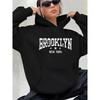 Women's Autumn and Winter Warm and Loose Casual Brooklyn New York Pattern Printed Suede Long Sleeved Hooded Sweatshirt