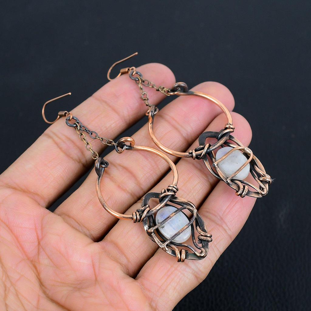 Rainbow Moonstone Earrings Gemstone Jewelry, 999 Copper Wire Wrapped Earrings, Handmade Beautiful Jewelry Earrings