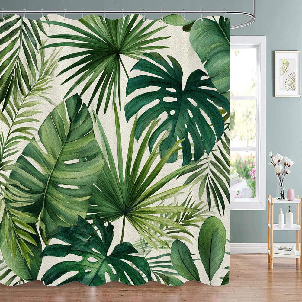 Green Plants And Leaves Tropical Leaf Shower Curtain, Bathroom Decorative Shower Curtain, Print Fabric Home Curtain With Hooks
