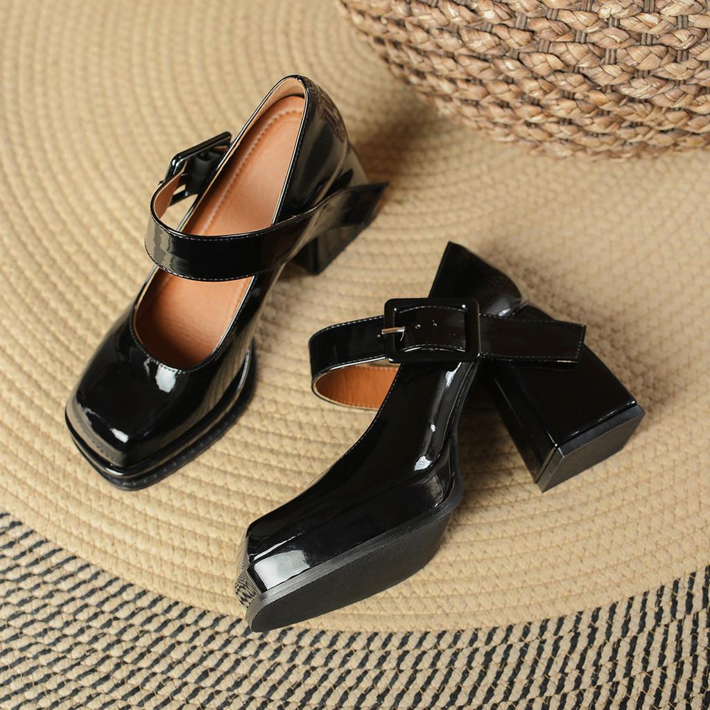 French Mary Jane High Heels Women's Short 2025 Early Spring Retro Square Head Women's Shoes Waterproof Table Thick Heel Single Shoes Women