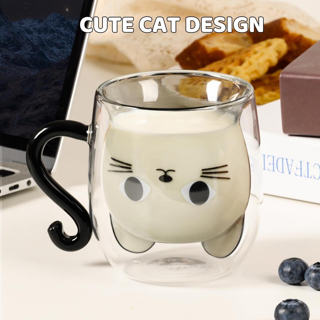 Creative Cute Cat Double-layer Coffee Mug Cartoon Couple Teacup Insulated Glass Mugs With Handle Household Office Drinkware