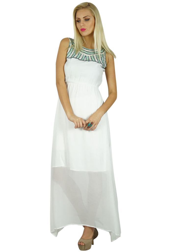 Bimba Women White Long Maxi Dress Half Lined With Beaded Neckline