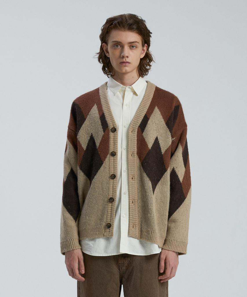 Knitted Bulky Brushed Argyle Cardigan Brown
