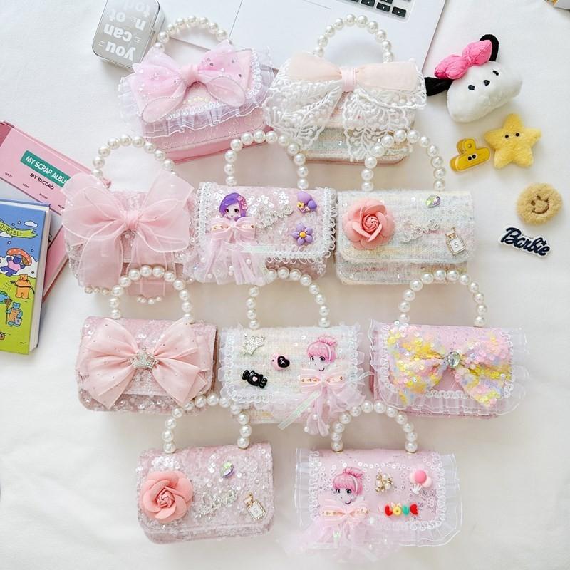 Trendy Girl's Pearl Handbag Stylish Lace Bowknot Princess Shoulder Bag For Kids