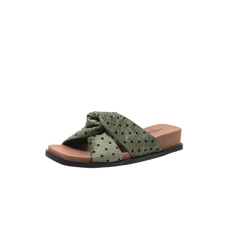 Polka dot bow one-word slippers female summer wear new fairy wind thick bottom slope heel slippers female summer wear 35