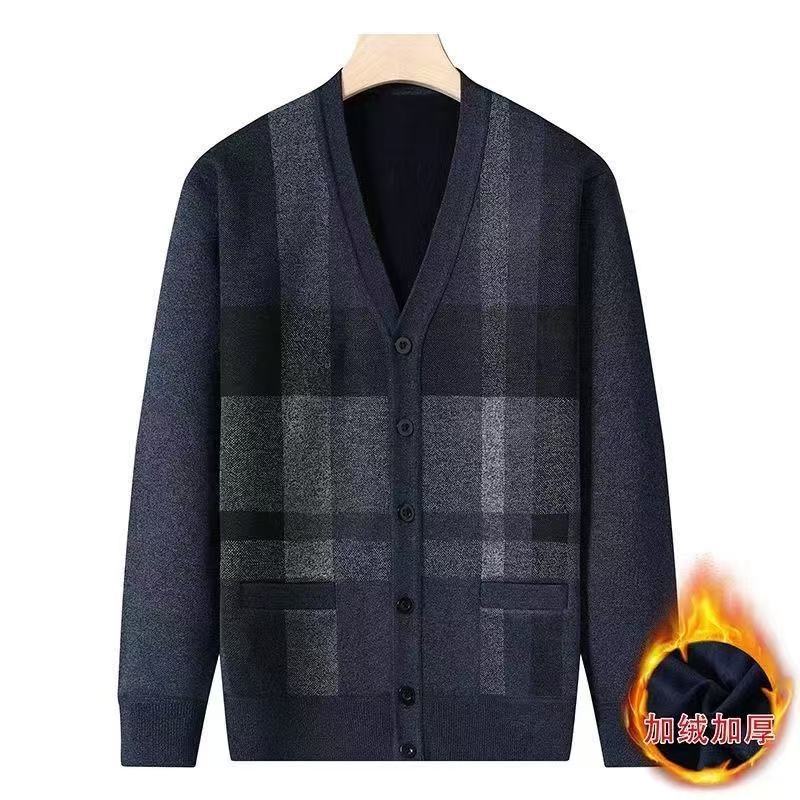 Middle-aged Elderly Autumn Winter Tops Velvet Thickened Warm Coat Sweater Men's Knitted Cardigan Knitted