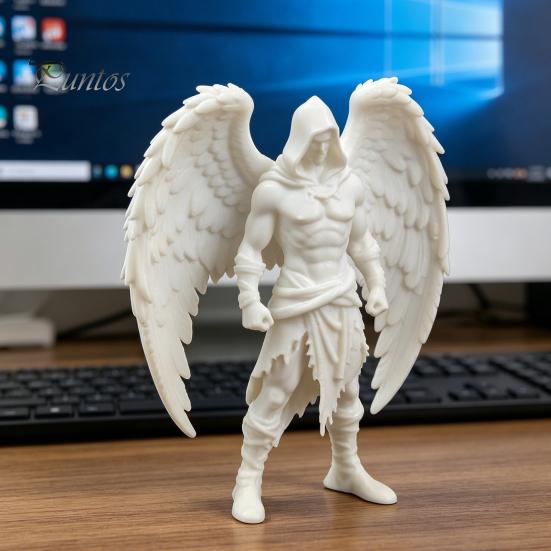 White Textured Sculpture 3D Printed Dark Angel Statue, Gothic Hooded Figurine, Detailed Fine Muscle Line Winged Desk Decor for Home Office,