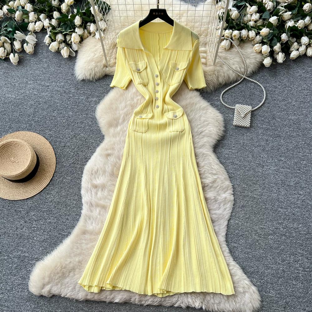Brand Fashion Vintage Turn-down Collar Knit Maxi Dress Elegant Single-breasted A-line Long Shirt Dress Lady Party Dress