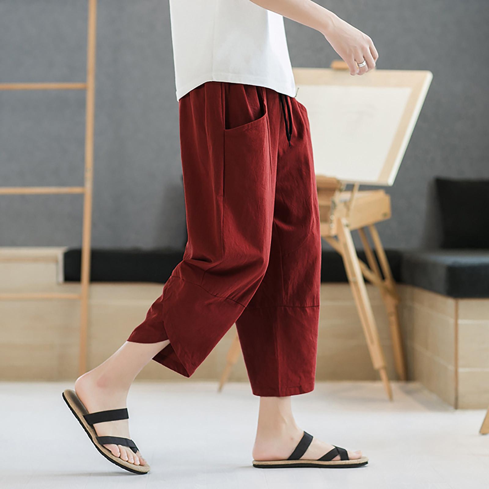 (Projector)Men s Casual Solid Color Large Pocket Cotton Linen Cropped Straight Pants M винный