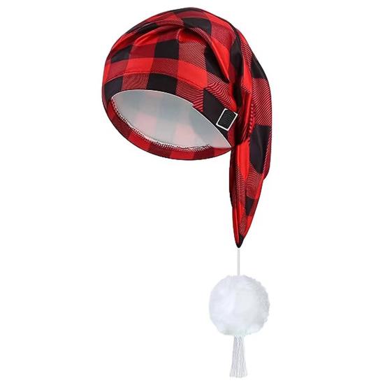 Men's Night Sleeping Cap Adjustable Stocking Cap Buffalo Plaid Santa Hat with Pom Ball Tassel for Winter Christmas Party Dwarf Gnome Costume