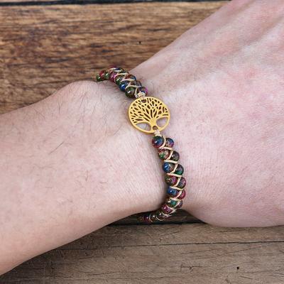 Handmade Natural African Stone Beaded Boho Yoga Wrap Bracelet &Bangle Stainless Steel Tree Of Life Braided Charm Bracelet