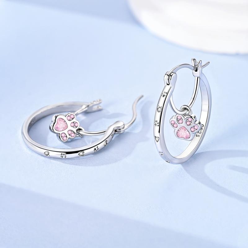 925 Sterling Silver Cute Cat Paw Dangle Hoop Earrings Pink Cubic Zirconia Paved Minimalist Pet Lover Jewelry for Women Gift
