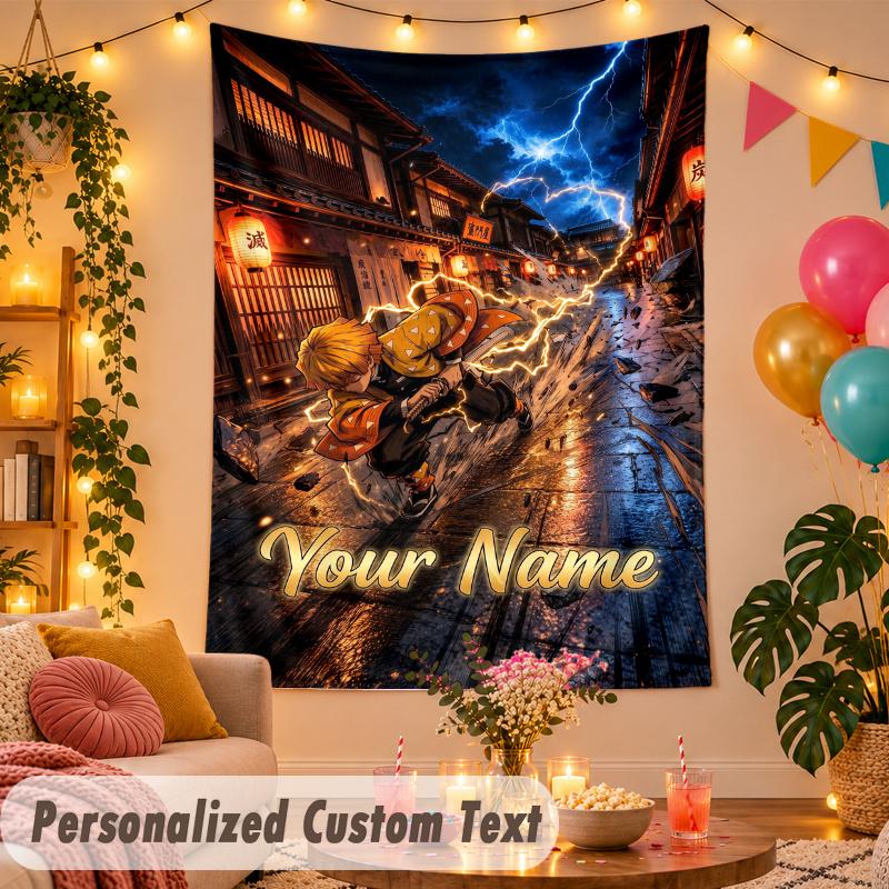 Zenitsu Agatsuma Personalized Wall Tapestry Custom Name Text Polyester Hanging Decor Home Room