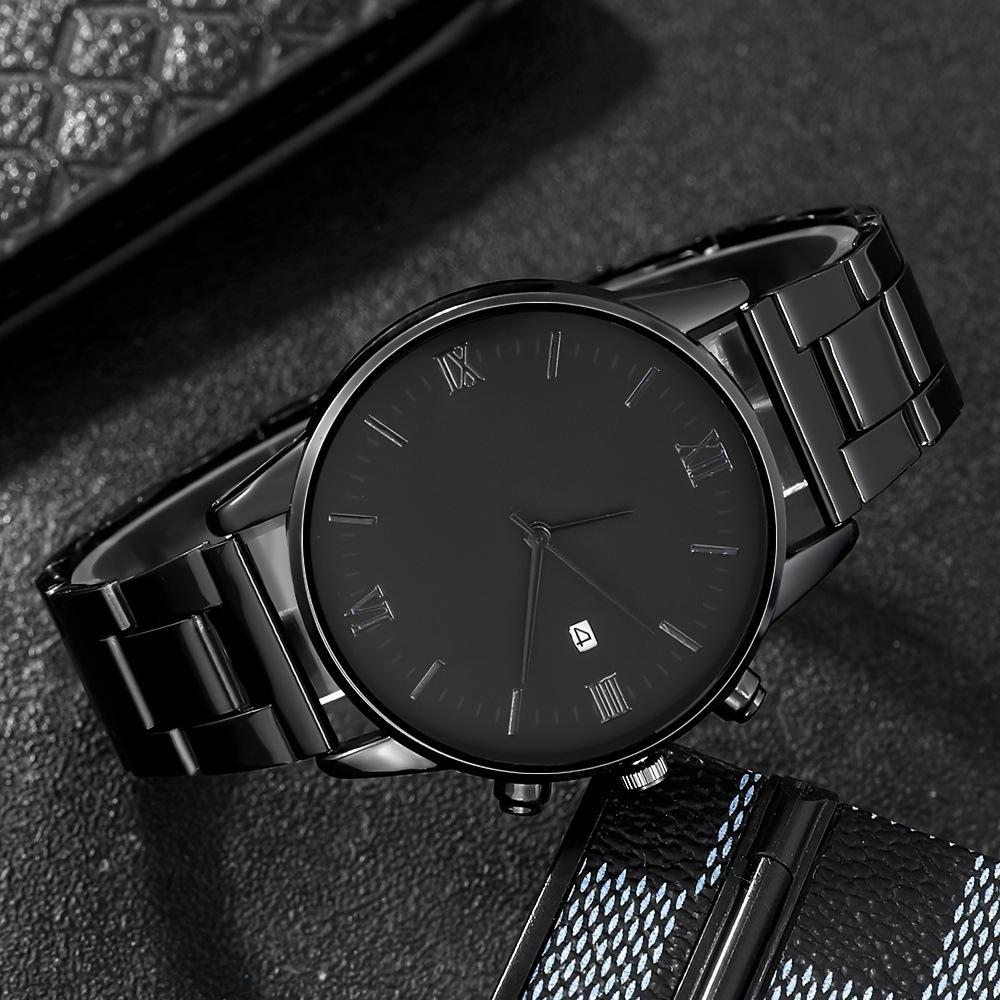 Men's Trend Roman Numeral Fashion Watch 4 Pieces/Set Men's Black Minimalist Quartz Watch Set