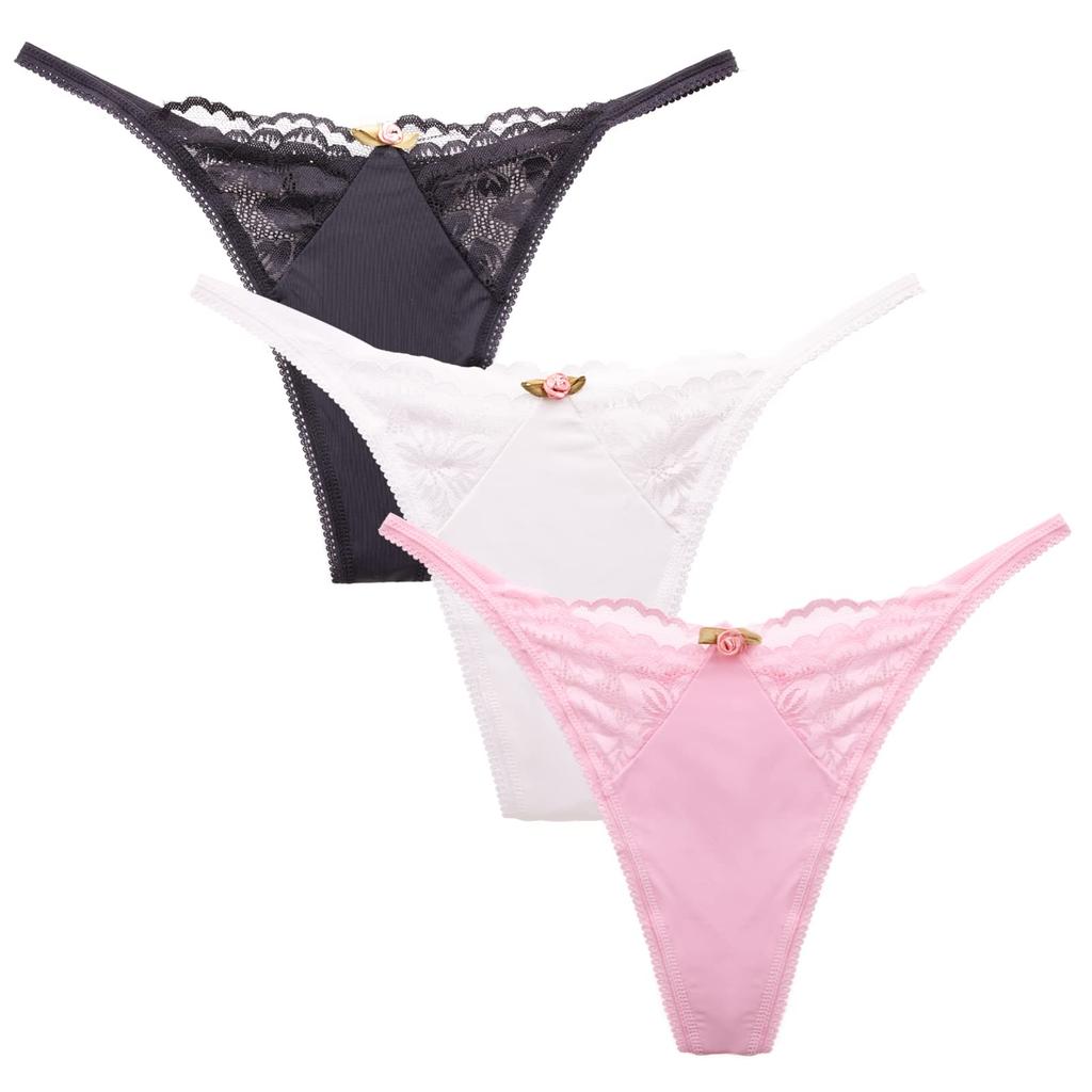 Laipin Panties with Lace Luxurious Shiny Satin Beautiful Sexy Panties of Women's T-Back Edges, Fabric, Buttocks, Lingerie, Women's Underwear, (Set 3)