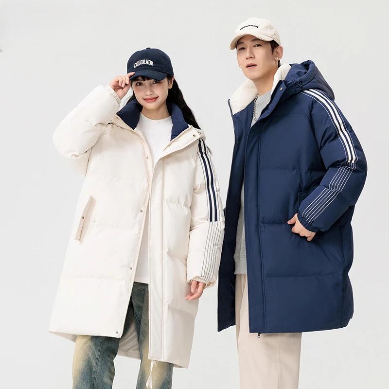 Striped Mid-length Cotton Coat for Women Winter Thickened Cotton Coat Couple Wear Hooded New Warm Cotton Jacket