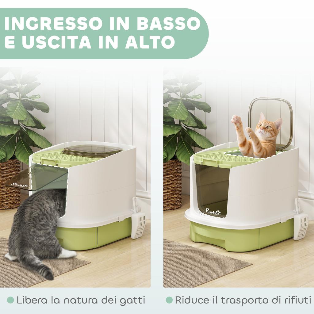 Enclosed Cat Litter Box with 2 Doors, Removable Tray, Scoop and Deodorant, In PP, 40.5x52.5x42.5 Cm, Green