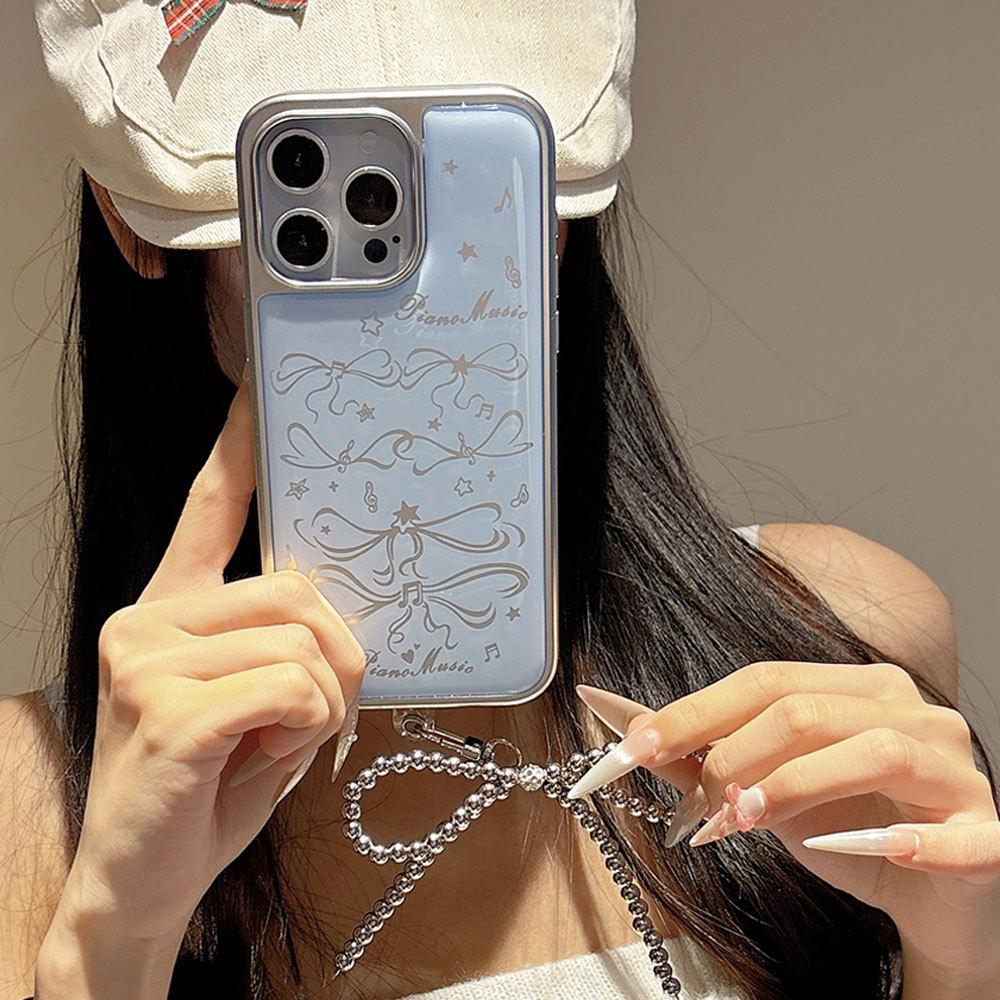 Applicable To Apple 16PM Girls Blue Bow Pendant Mobile Case IPhone 15 Pro Silver Edge Glue Protection Case